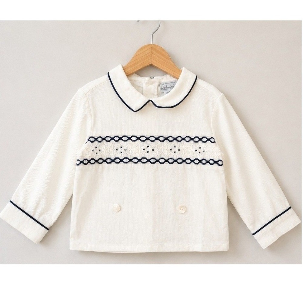 Fantaisie Kids White Corduroy Smocked Top Navy Piping Peter Pan Collar 24M NWT